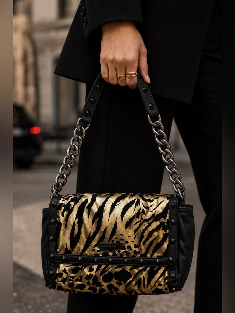 Betsey Johnson, black gold velvet purse NWOT chain handle animal  print Mob Wife